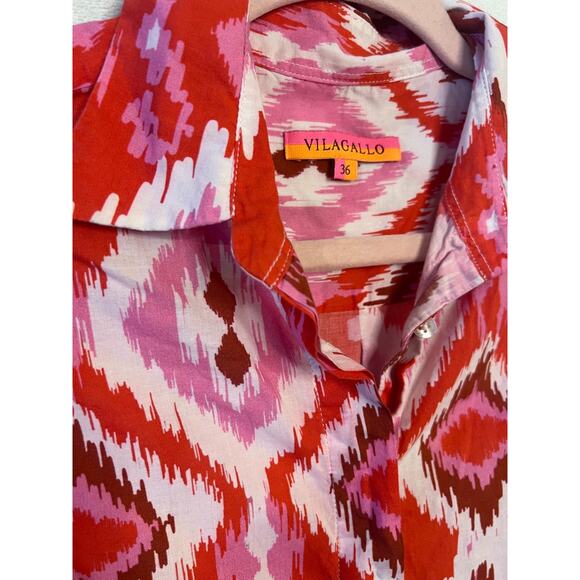 Vilagallo Dress Size 36 Red White Pink Print Lightweight Tie Waist Collar Preppy - Picture 4 of 5